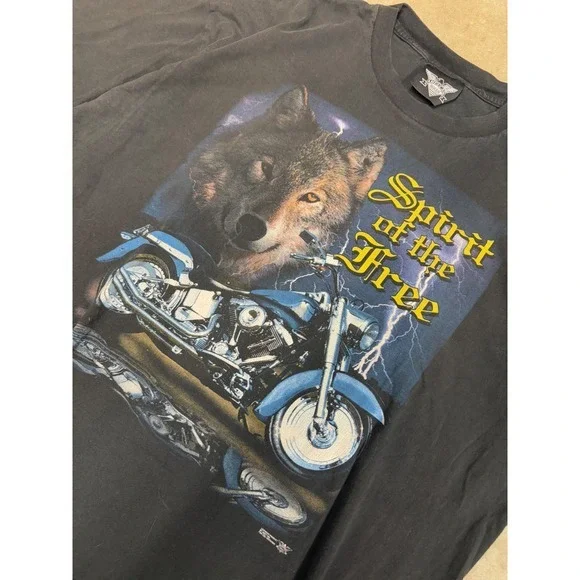 Vintage American Biker Wolf Motorcycle T Shirt 3XL Black Spirit of the Free - Picture 2 of 6